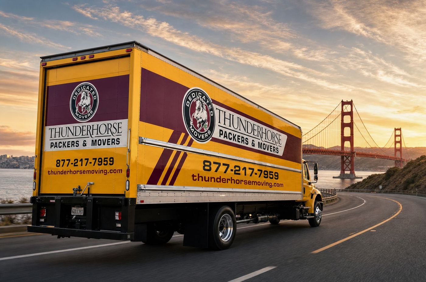 Thunderhorse moving truck near the Golden Gate Bridge.